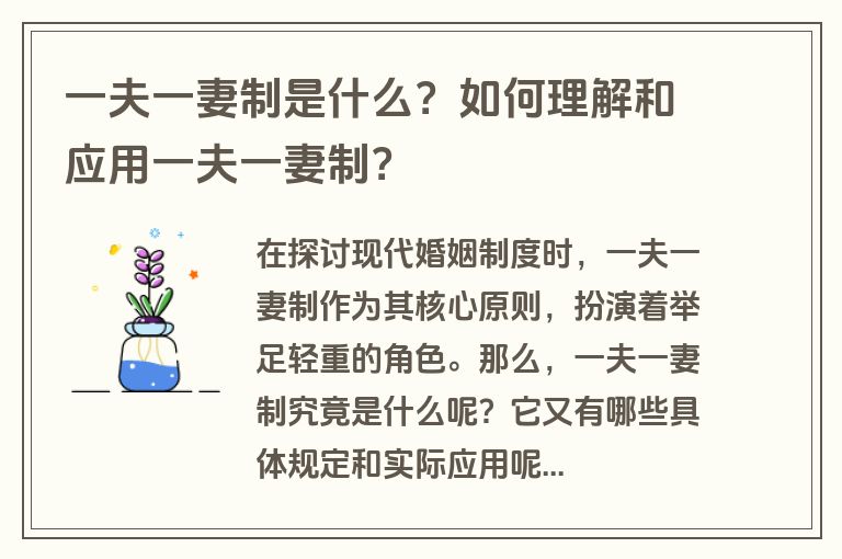 一夫一妻制是什么？如何理解和应用一夫一妻制？