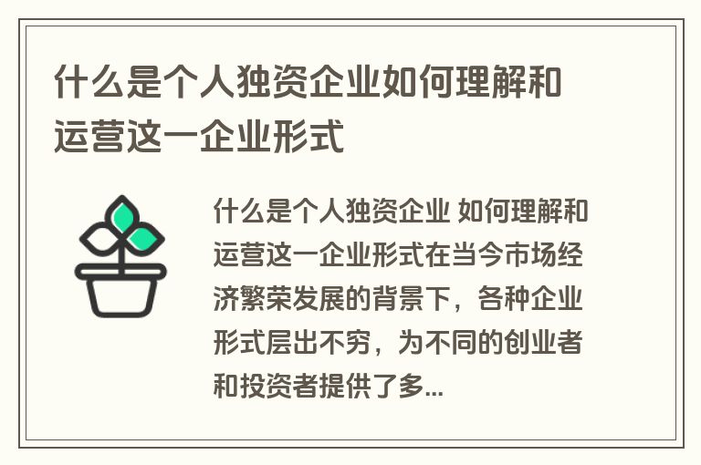 什么是个人独资企业如何理解和运营这一企业形式