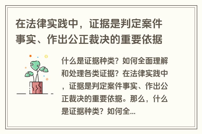 在法律实践中，证据是判定案件事实、作出公正裁决的重要依据。那么，什么是证据种类？如何全面理解和处理各类证据呢？本文将从多个角度详细探讨这一问题，帮助读者更好地理解和运用法律证据。